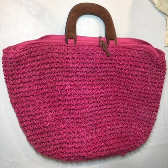 Liz Claiborne Pink Corn Husk Weave Wooden Handle Handbag Tote Large - Picture 1 of 12